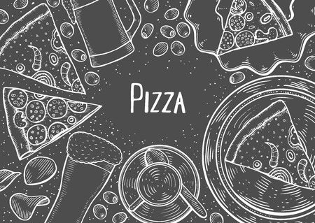 Food set for pub design top view. Pub food frame vector illustration. Beer, meat, fast food and snacks hand drawn. Vintage engraved illustration for beer restaurant for beer restaurant.のイラスト素材