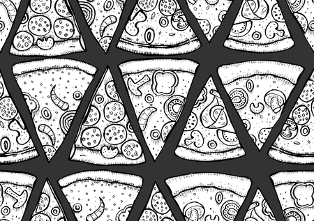 Monochrome Pizza Slice seamless Pattern. Wallpaper Background. Vector Engraving old style illustrationのイラスト素材