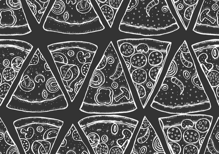 Monochrome Pizza Slice seamless Pattern. Wallpaper Background. Vector Engraving old style illustrationのイラスト素材