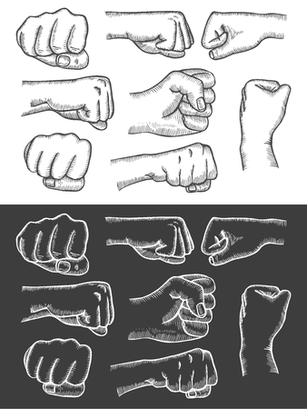 Set of fists in vintage style isolated on white background. In the style of antique engraving,  illustration.の写真素材