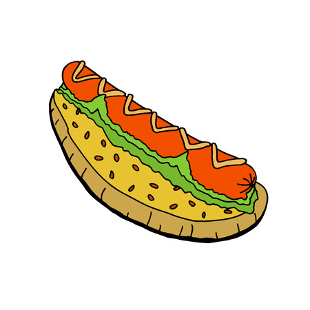 Hot dog with mustard. Hand drawn vector Illustration.のイラスト素材