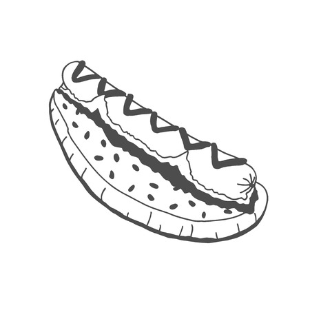 Hot dog with mustard. Hand drawn vector Illustration.のイラスト素材