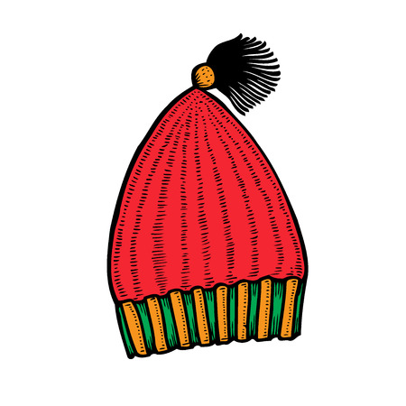 Red and white knitted hat icon in cartoon style on a white backgroundのイラスト素材