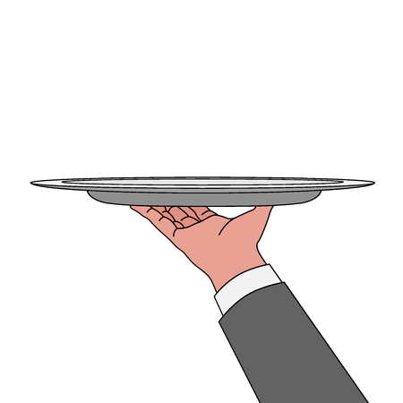 Classic elegant waitress server palm give salver on white backdrop. Freehand outline black ink drawn order logo sign sketchy in retro art doodle cartoon silhouette etch style with space for textのイラスト素材