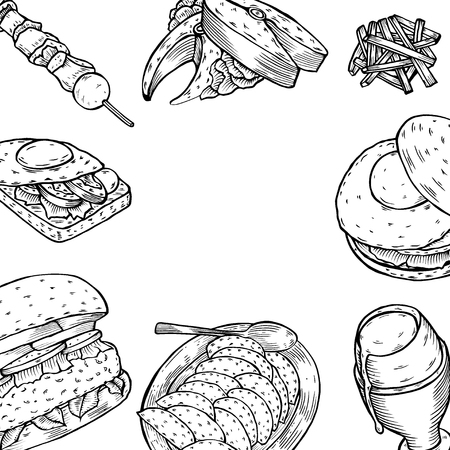 Gourmet Burgers and ingredients for burgers vector illustration. Fast food, junk food frame. American food. Elements for burgers restaurant menu design. Engraved style image.のイラスト素材