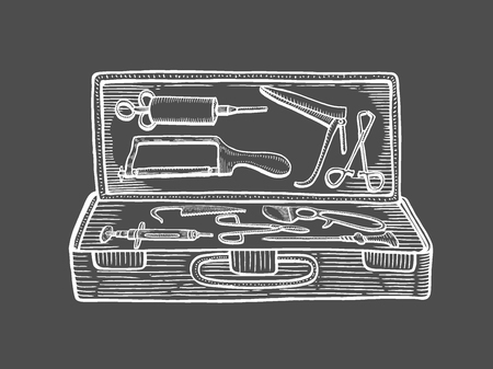 Vintage medical bag hand drawing engraving style Isolated on blackのイラスト素材