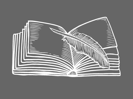 Open book with pen isolated on black background. Vector black vintage engraving illustration. Hand draw in a graphic style.のイラスト素材