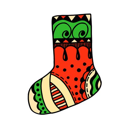 Christmas sock with beautiful multi-colored ornaments on white backgroundの写真素材