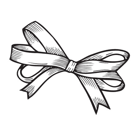 Sketch Bow With Ribbon Isolated. Hand Drawn Vintage Decorative Element For Gifts And Presents Vector Illustration. Engraving Holiday Festive Decoration.のイラスト素材