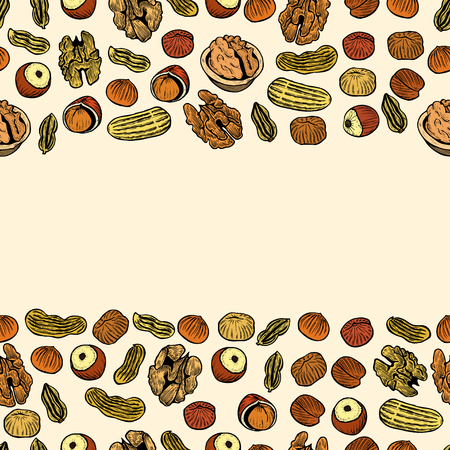 Vector seamless pattern with nuts and seeds. Pistachios, brasil nuts, pecan, hazelnut, nutmeg, cashew background. Hand drawn elements in sketch style.のイラスト素材