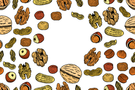 Vector seamless pattern with nuts and seeds. Pistachios, brasil nuts, pecan, hazelnut, nutmeg, cashew background. Hand drawn elements in sketch style.のイラスト素材