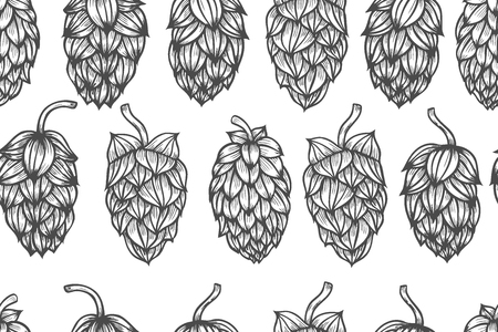 Hop vector seamless pattern.Black hand drawn artistic beer hopes on white background. Engraved style vintage wallpaper. Great drawing decor for oktoberfest or packagingのイラスト素材
