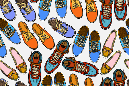 Seamless pattern with red and blue shoes. Hand drawn gumshoesのイラスト素材