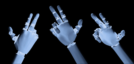 3d rendering robotic hand pointing in x-rays isolated on blackの写真素材