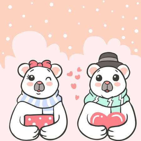 Cute polar bear couple holding a heart and gift boxのイラスト素材
