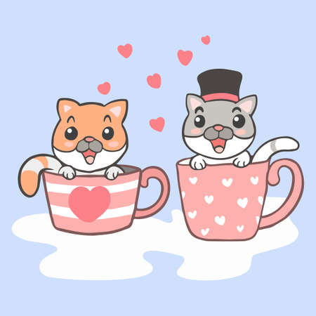 Cartoon two of cute cat sitting in the cupのイラスト素材
