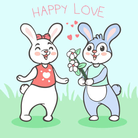 Cute rabbit boy gives flower to girlのイラスト素材