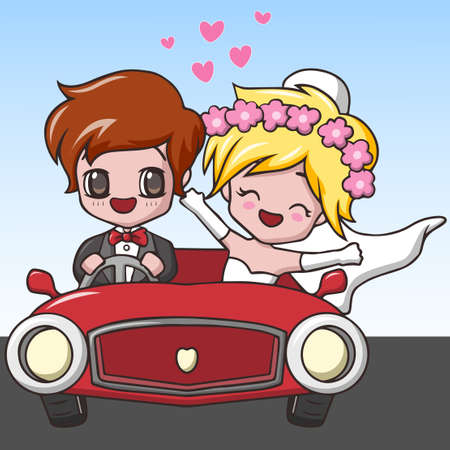 Cute happy wedding couples riding red carのイラスト素材