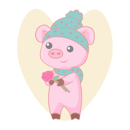 Cute little pig in winter hat and scarf with flowerのイラスト素材