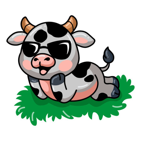 Cute baby cow cartoon lying down in grassのイラスト素材