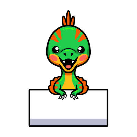Cute little oviraptor dinosaur cartoon with blank signのイラスト素材