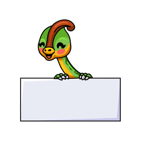 Cute little parasaurolophus dinosaur cartoon with blank signのイラスト素材