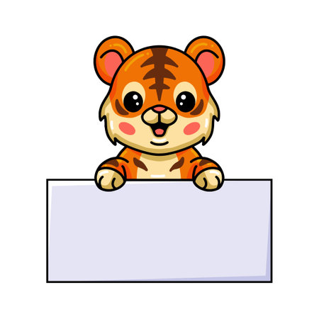 Cute baby tiger cartoon with blank signのイラスト素材