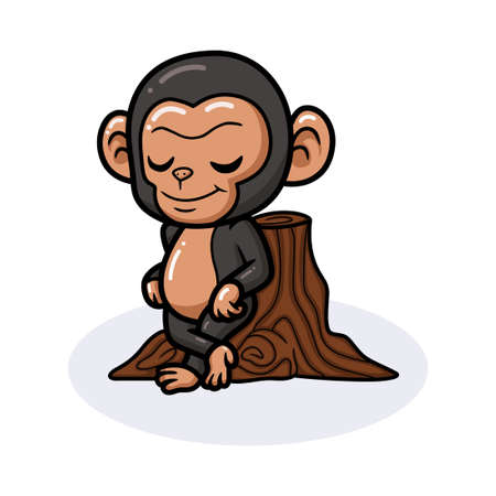 Cute baby chimpanzee cartoon leaning against tree stumpのイラスト素材