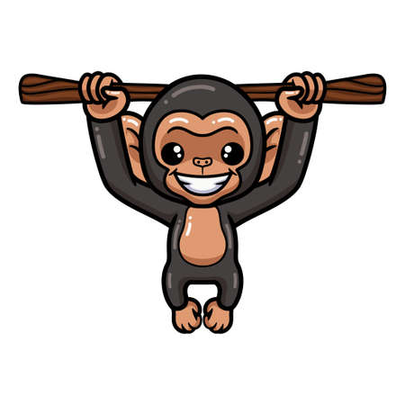 Cute baby chimpanzee cartoon hanging on tree branchのイラスト素材
