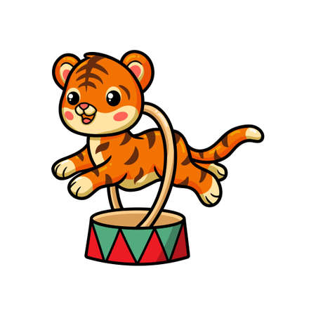 Cute little circus tiger jumping through ringのイラスト素材