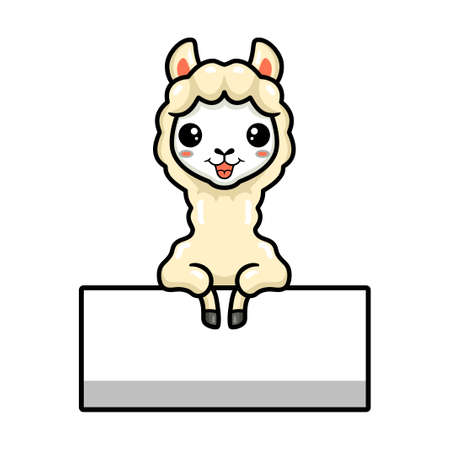 Cute little alpaca cartoon with blank signのイラスト素材