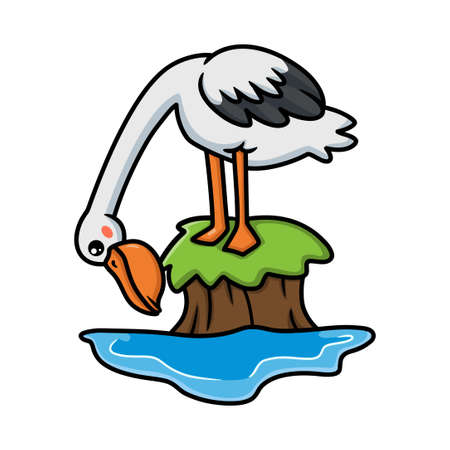 Cute pelican bird cartoon in the bayのイラスト素材