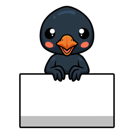 Cute little crow cartoon with blank signのイラスト素材