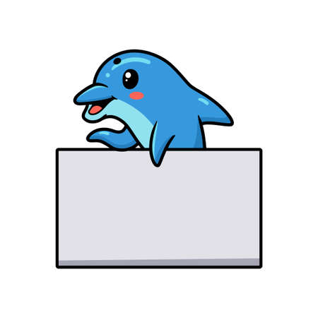 Cute little dolphin cartoon with blank signのイラスト素材