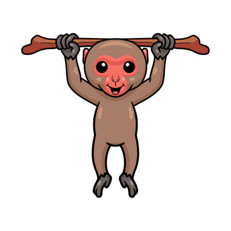Cute little japanese macaque cartoon hanging on tree branchのイラスト素材