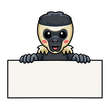 Cute little colobus monkey cartoon with blank signのイラスト素材