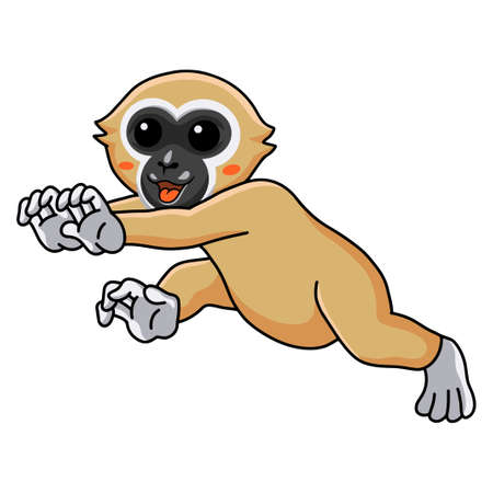 Cute white handed gibbon monkey cartoon walkingのイラスト素材