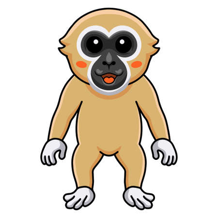 Cute white handed gibbon monkey cartoon standingのイラスト素材