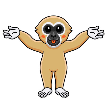 Cute white handed gibbon monkey cartoon raising handsのイラスト素材