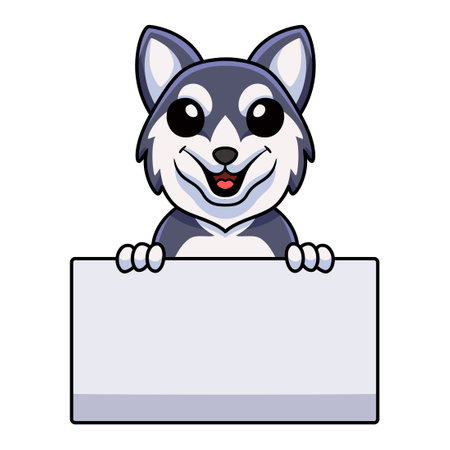 Cute siberian husky dog cartoon holding blank signのイラスト素材