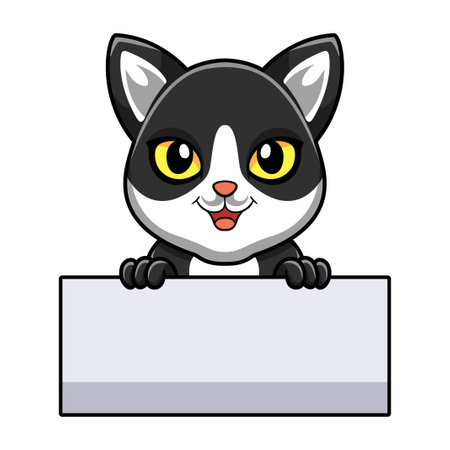 Cute black smoke cat cartoon holding blank signのイラスト素材