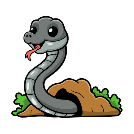 Cute black mamba snake cartoon out from holeのイラスト素材
