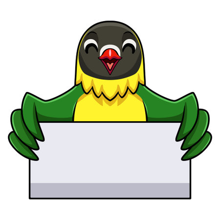 Cute yellow collared love bird cartoon holding blank signのイラスト素材