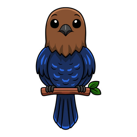 Cute brown headed cowbird cartoon on tree branchのイラスト素材