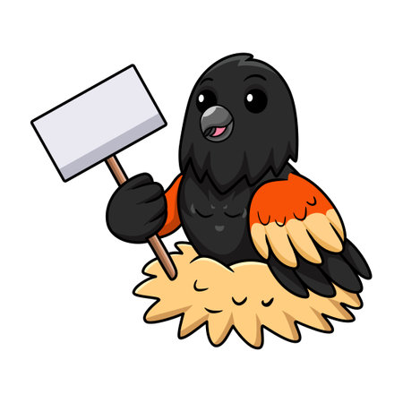 Cute red winged black bird cartoon holding blank signのイラスト素材