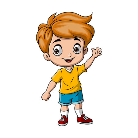 Happy little boy cartoon waving handのイラスト素材