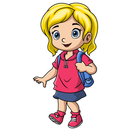 Happy school girl cartoon with backpackのイラスト素材
