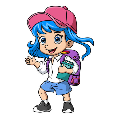 Happy school girl cartoon with backpackのイラスト素材