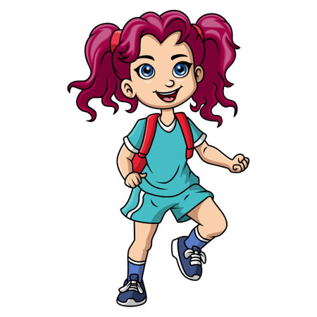 Cute school girl cartoon with backpackのイラスト素材