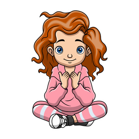 Happy little girl cartoon sittingのイラスト素材